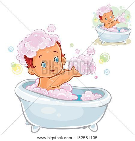 Vector illustration of small child take a bath with foam isolated on white