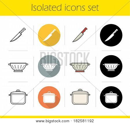 Kitchenware icons set. Flat design, linear, black and color styles. Knife, colander, saucepan. Isolated vector illustrations