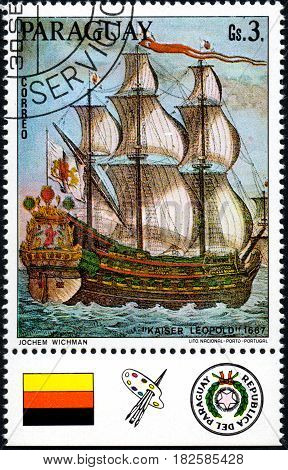 UKRAINE - CIRCA 2017: A postage stamp printed in Paraguay shows sailing ship Kaiser Leopold 1667 from the series German sailing ships circa 1976