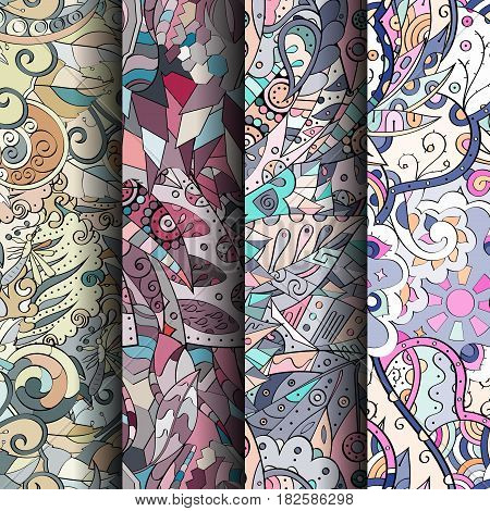 Set Of Tracery Colorful Seamless Patterns. Curved Doodling Backgrounds For Textile Or Printing With