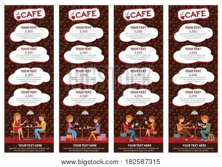 Couples of people in cafe eat, drink. Templates for flyers and banners. Vector Illustration with men and women at tables on brown background.
