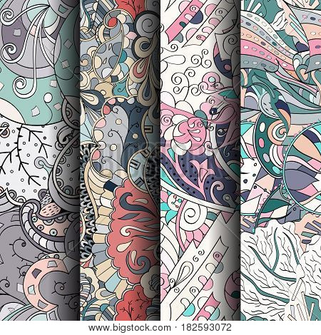 Set Of Tracery Colorful Seamless Patterns. Curved Doodling Backgrounds For Textile Or Printing With