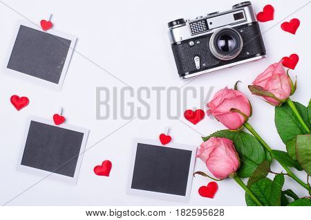 Romantic Concept: Roses, Retro Camera  And Cards.