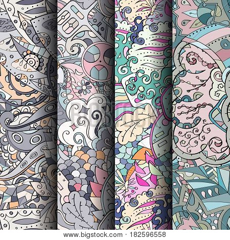 Set Of Tracery Colorful Seamless Patterns. Curved Doodling Backgrounds For Textile Or Printing With