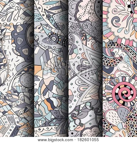 Set Of Tracery Colorful Seamless Patterns. Curved Doodling Backgrounds For Textile Or Printing With