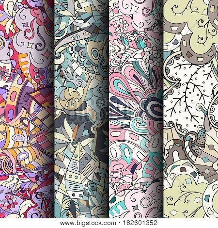 Set Of Tracery Colorful Seamless Patterns. Curved Doodling Backgrounds For Textile Or Printing With