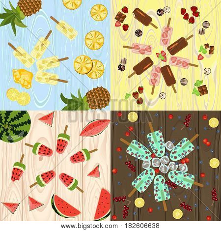 Set of Popsicles with berries and fruits on wooden background. Top view ice-cream vector illustration eps 10