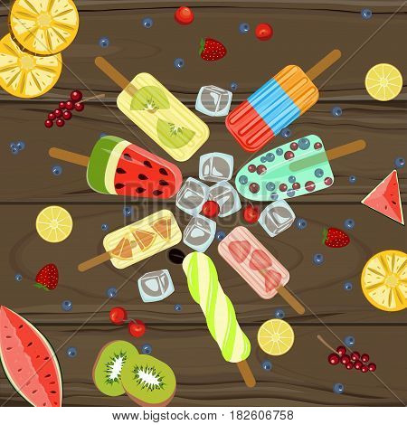 Popsicles with berries and fruits on wooden background. Top view vector illustration eps 10
