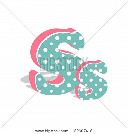 Capital and numeric cute dotted 3d letter S isolated on white background. Vector illustration. Element for design. Kids alphabet.
