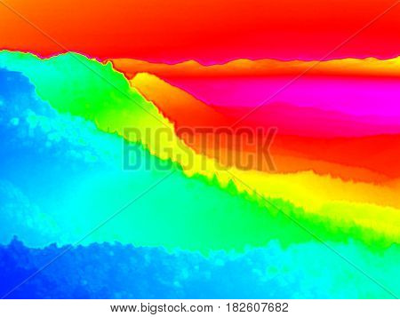 Animal Infrared View. Hilly Landscape, Forest With Colorful Fog