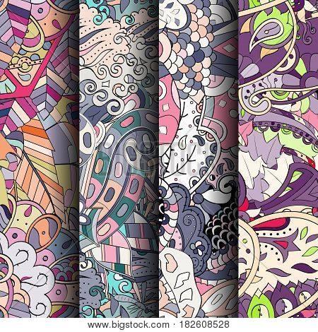Set Of Tracery Colorful Seamless Patterns. Curved Doodling Backgrounds For Textile Or Printing With