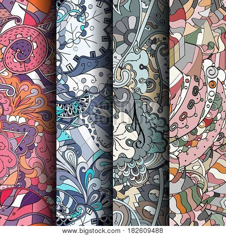 Set Of Tracery Colorful Seamless Patterns. Curved Doodling Backgrounds For Textile Or Printing With