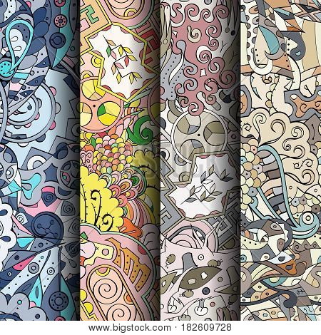 Set Of Tracery Colorful Seamless Patterns. Curved Doodling Backgrounds For Textile Or Printing With