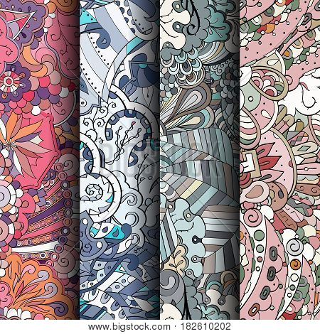 Set Of Tracery Colorful Seamless Patterns. Curved Doodling Backgrounds For Textile Or Printing With