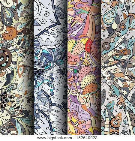 Set Of Tracery Colorful Seamless Patterns. Curved Doodling Backgrounds For Textile Or Printing With