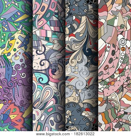 Set Of Tracery Colorful Seamless Patterns. Curved Doodling Backgrounds For Textile Or Printing With