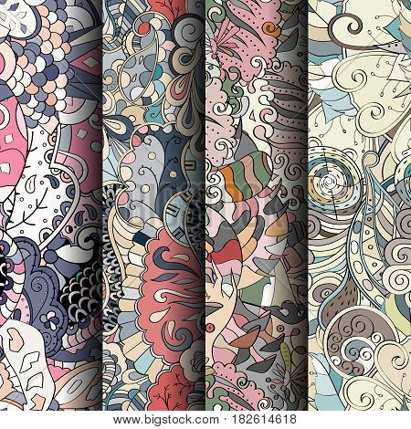 Set Of Tracery Colorful Seamless Patterns. Curved Doodling Backgrounds For Textile Or Printing With