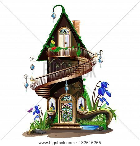 Fairytale wooden house with balcony and spiral staircase