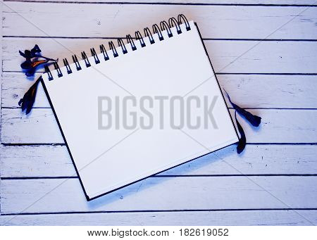 White sheet of paper with space for text withBlue feathers and gold powder. Top view. Female desktop. Rustic white table. A gentle romantic style. Diary, notebook plans for the future