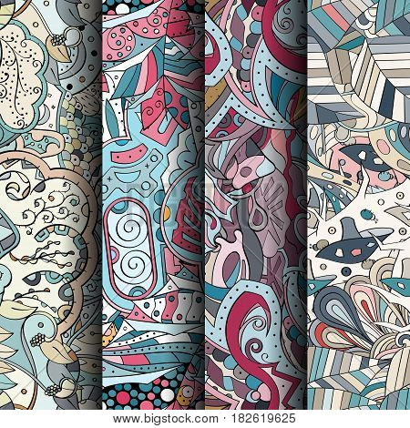 Set Of Tracery Colorful Seamless Patterns. Curved Doodling Backgrounds For Textile Or Printing With