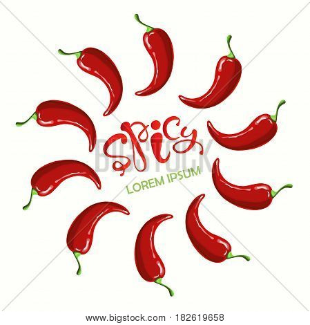 Round typography banner Spicy, Lorem ipsum, red hot chilly  papers hand drawn stock vector illustration