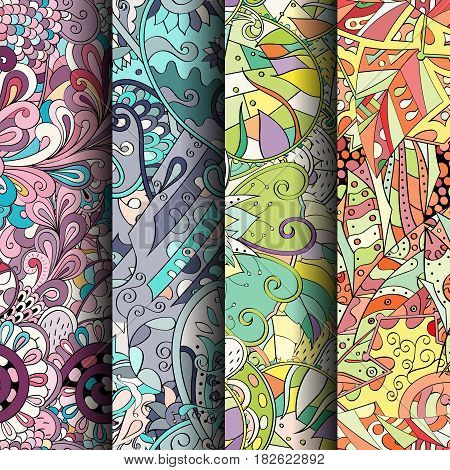 Set Of Tracery Colorful Seamless Patterns. Curved Doodling Backgrounds For Textile Or Printing With
