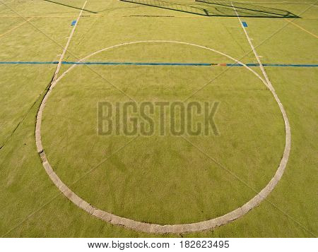 Circle In Middle Of Court. Empty Outdoor Handball Playground, Plastic Light Green Surface