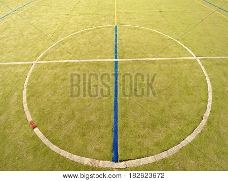 Circle In Middle Of Court. Empty Outdoor Handball Playground, Plastic Light Green Surface