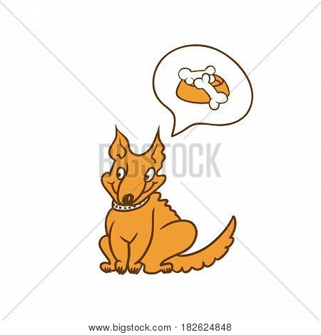 Vector humorous caricature character. Cute red dog sitting and dreaming about the bowl of delicious food