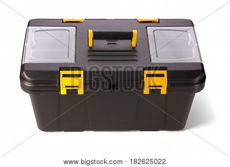 black plastic toolbox isolated on white. container