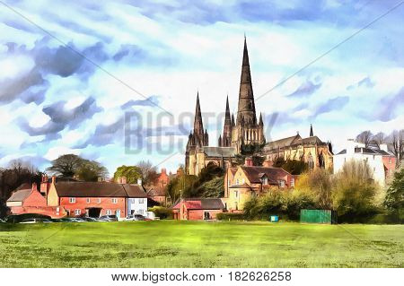 Colorful painting of Lichfield Cathedral, Lichfield, Staffordshire, UK