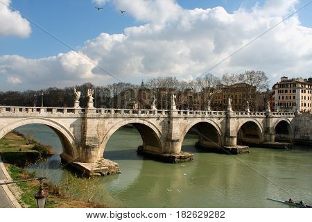Bridge of Angles Tiber and St Peter Basilica in Vatican Rome Italy