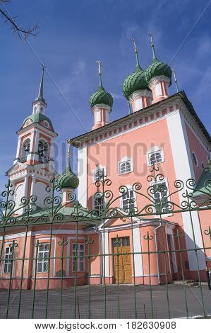 Beautiful Russian Pink Christian Church in Kostroma blue sky