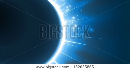Abstract vector blue background with planet and eclipse of its star. Bright star light shine from the edges of a planet. Sparkles of stars on the background.