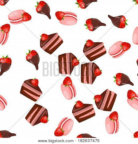 Very high quality original trendy vector seamless pattern with a strawberry in chocolate and macaroons