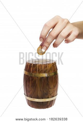 Money box and woman hand on isolated white background
