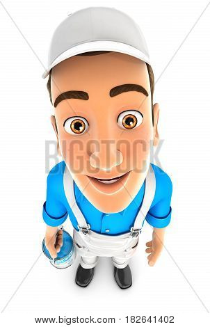 3d painter standing and looking up at camera illustration with isolated white background