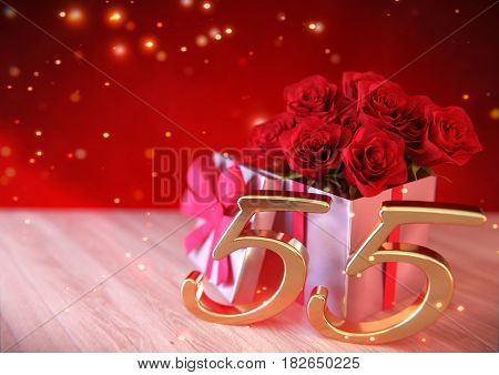birthday concept with red roses in gift on wooden desk. 3D render - fiftyfifth birthday. 55th