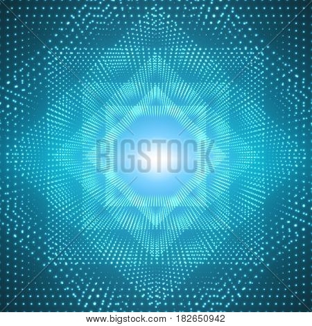 Vector infinite polygonal tunnel of shining flares on blue background. Glowing points form tunnel sectors. Abstract cyber colorful background for your designs. Elegant modern geometric wallpaper.