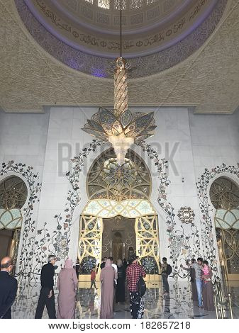 ABU DHABI, UAE-FEB 11, 2017: Sheikh Zayed Grand Mosque in Abu Dhabi, United Arab Emirates. It is the key place of worship and may be visited by more than 40,000 people during Eid.