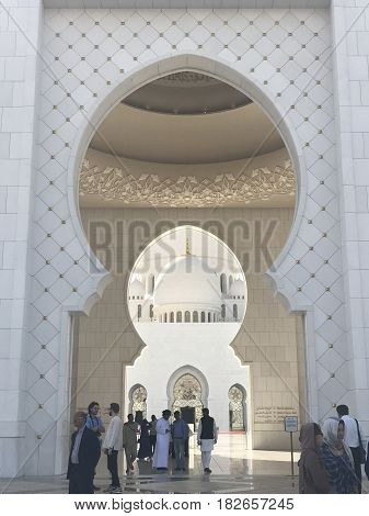 ABU DHABI, UAE-FEB 11, 2017: Sheikh Zayed Grand Mosque in Abu Dhabi, United Arab Emirates. It is the key place of worship and may be visited by more than 40,000 people during Eid.