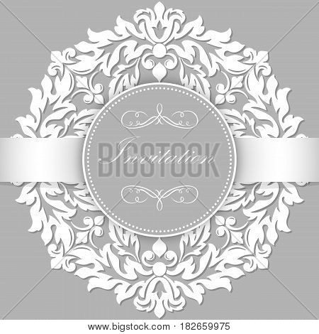 Wedding invitation and announcement card with ornamental round lace with arabesque elements. Mehndi style. Orient traditional ornament. Zentangle-like round colored floral ornament.
