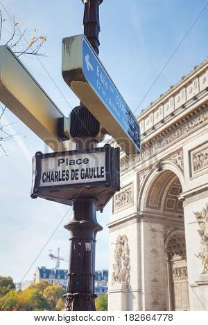 Place Charles De Gaulle sign in Paris France
