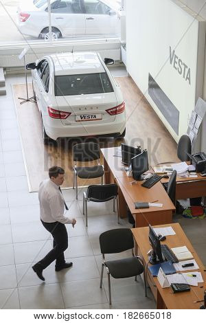 Kaluga, Russia - April, 20, 2017: menegers in a show-room of car dealership of 