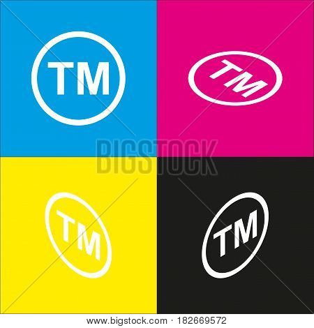 Trade mark sign. Vector. White icon with isometric projections on cyan, magenta, yellow and black backgrounds.