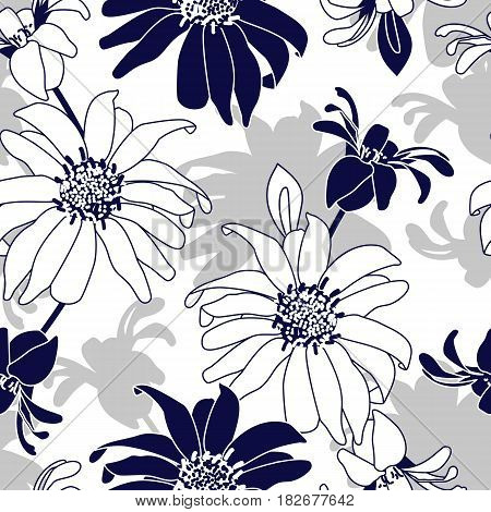 Seamless pattern with blue flowers. Floral abstract decorative vector illustration