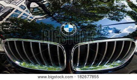 BERLIN - JUNE 05 2016: Radiator grille of compact luxury crossover SUV BMW X4. Classic Days Berlin 2016.