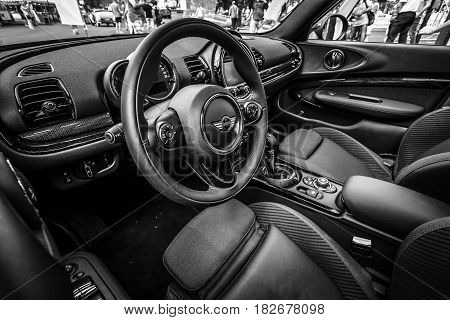 BERLIN - JUNE 05 2016: Interior of a city car Mini Cooper S Convertible. Black and white. Classic Days Berlin 2016.
