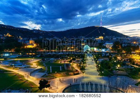 View Of Rike Park With Bridge Of Peace At Night. Tbilisi, Georgia