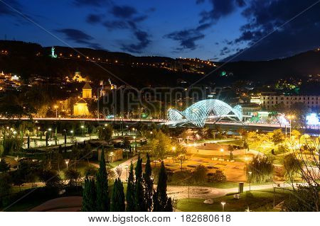 View Of Rike Park With Bridge Of Peace At Night. Tbilisi, Georgia